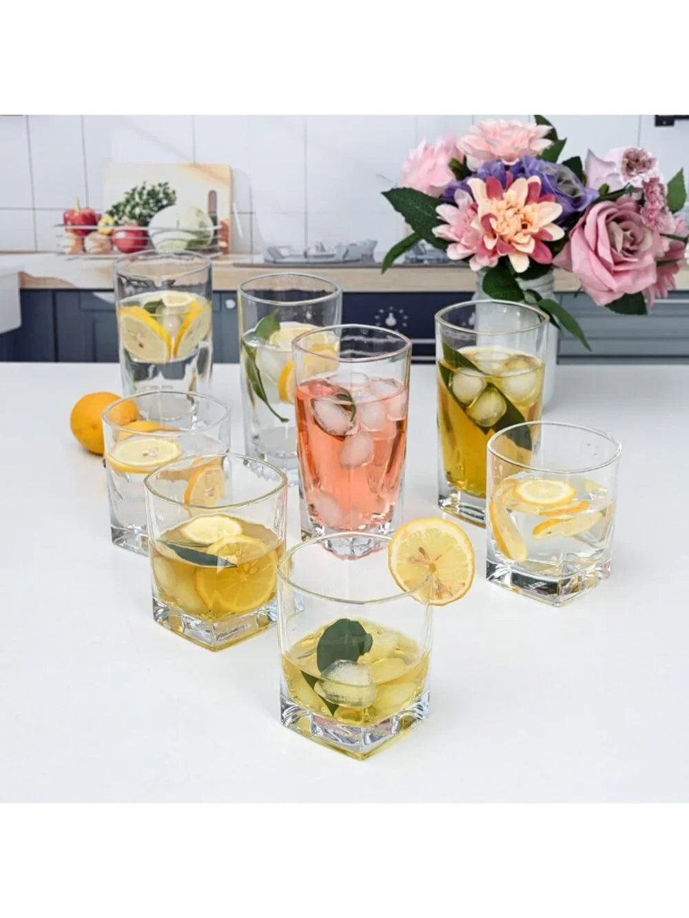Set of 16 Square Drinking Glasses - Stylish Kitchen Drinkware for Everyday Use